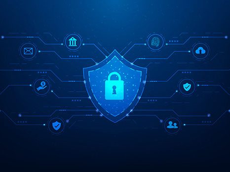 Blue cyber security shield with padlock and icons representing security conscious website maintenance.